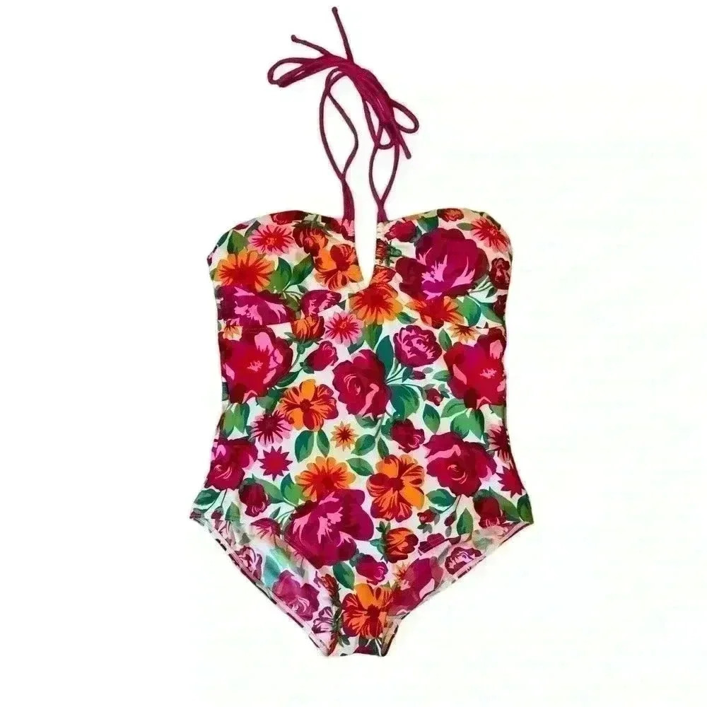 TU Swimwear Size 18 White Floral Multicolored One Piece Halter Top Swimsuit
